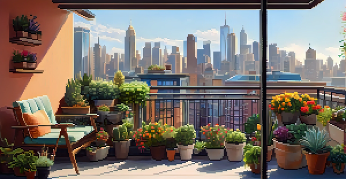 A lively urban balcony garden filled with various potted plants and flowers, with a city skyline in the background.