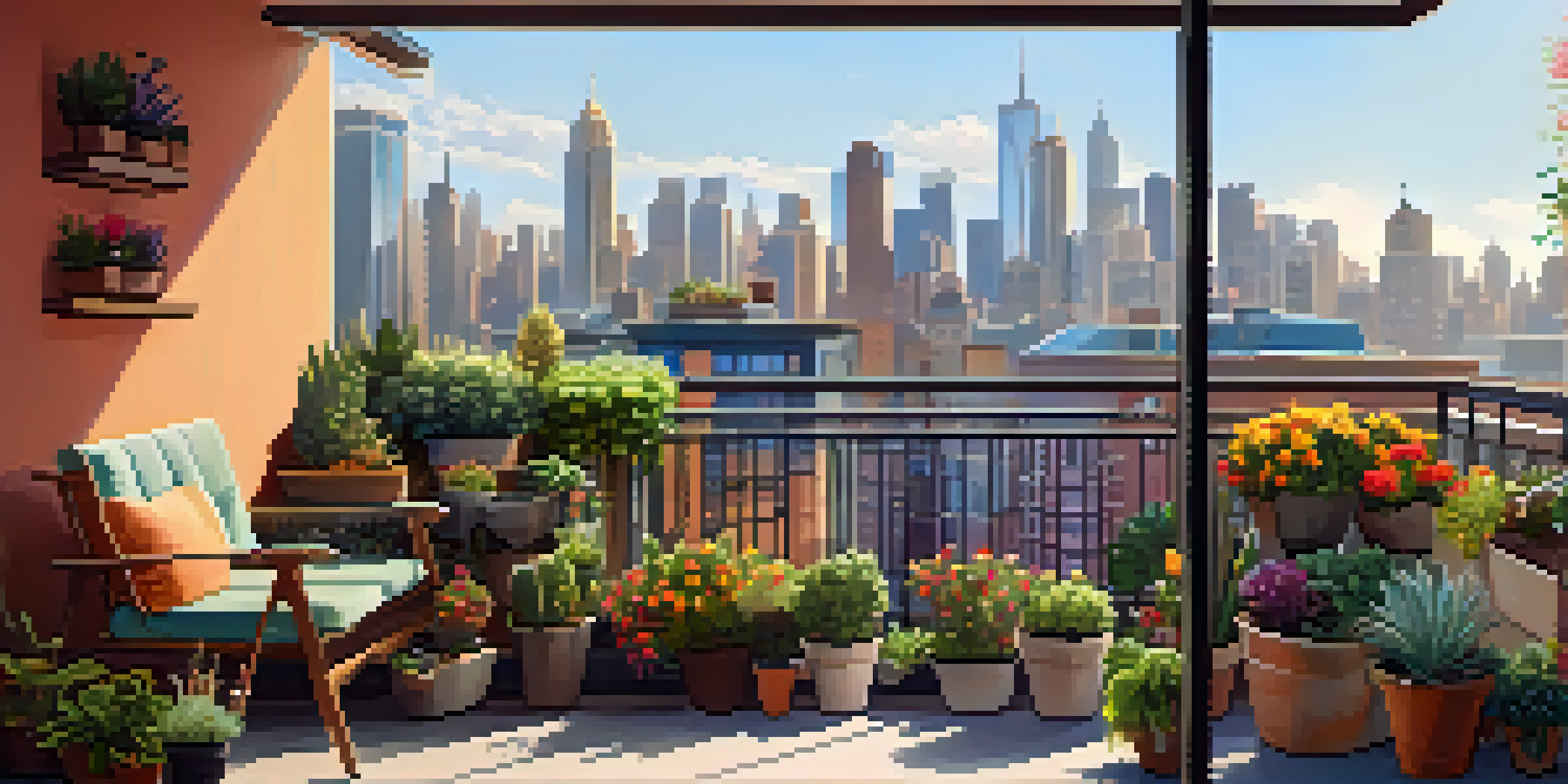 A lively urban balcony garden filled with various potted plants and flowers, with a city skyline in the background.
