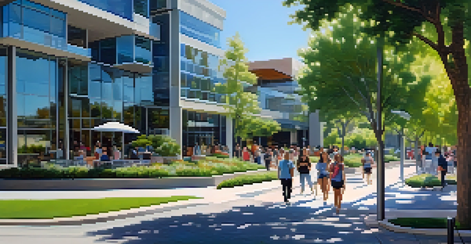A busy street in Cupertino with modern buildings and greenery, showcasing people and nature under a clear blue sky.
