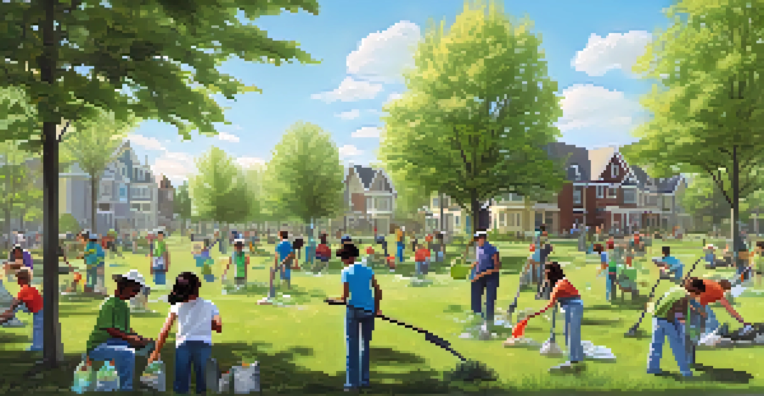 Residents participating in a community clean-up day, picking up litter and planting trees in a park with a clear blue sky.