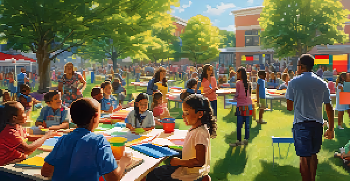 A lively community event in a schoolyard with families and children engaging in activities, surrounded by colorful banners and educational materials.