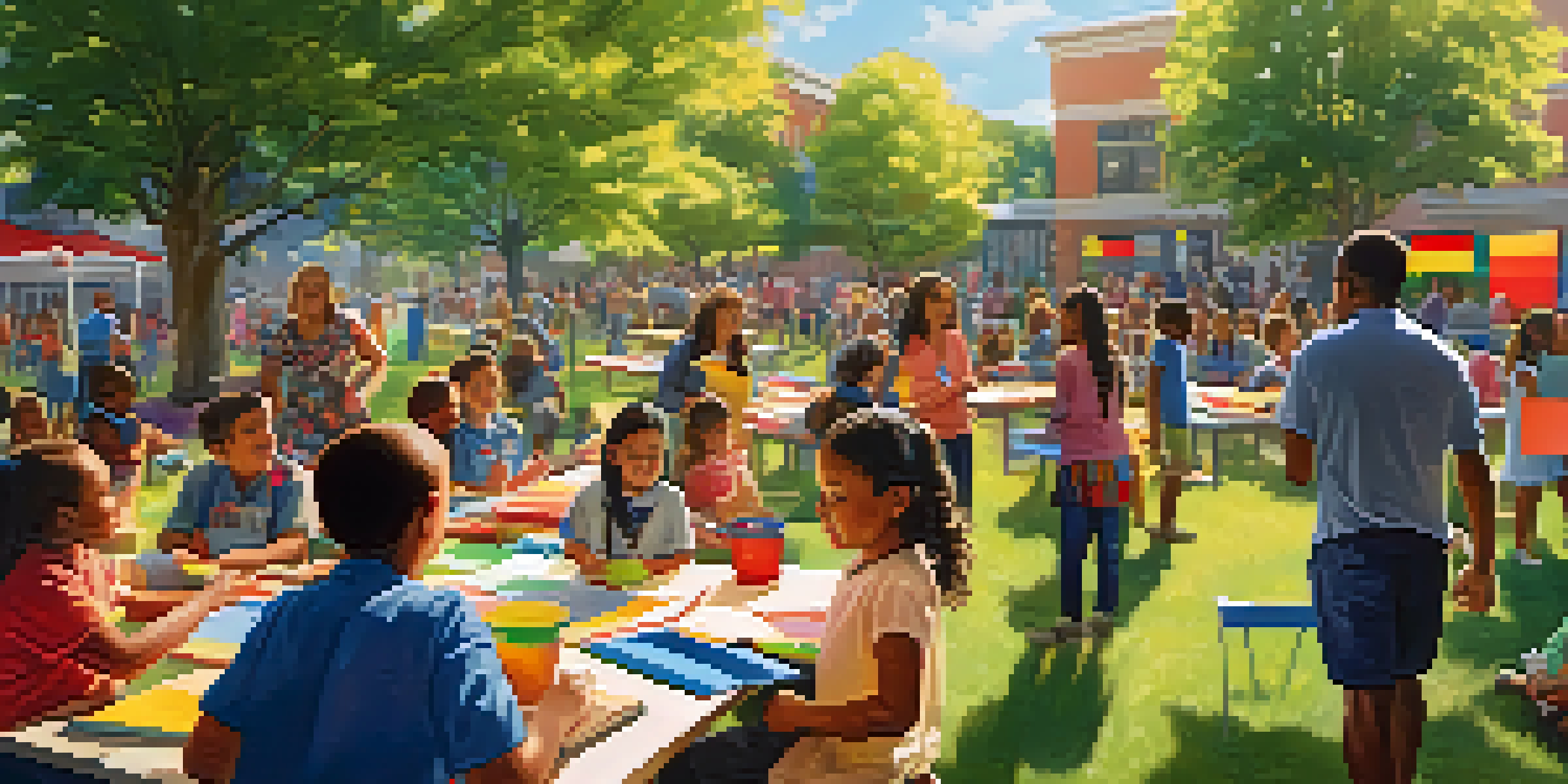 A lively community event in a schoolyard with families and children engaging in activities, surrounded by colorful banners and educational materials.