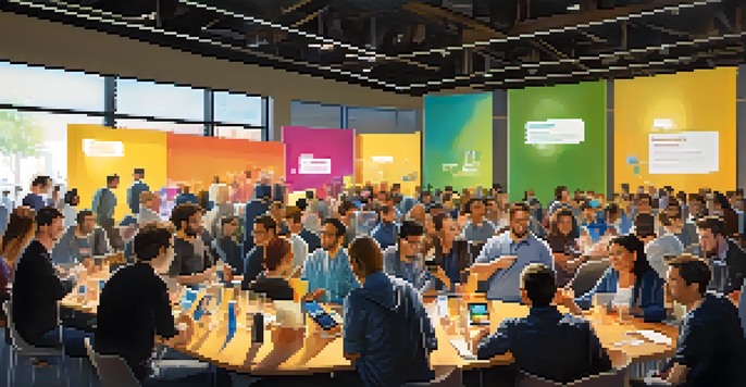 A vibrant tech meetup in Cupertino with entrepreneurs networking and discussing ideas in a modern venue.