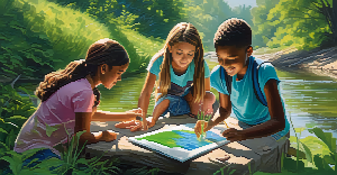 A group of diverse students conducting a science experiment by a creek, surrounded by greenery and wildlife.
