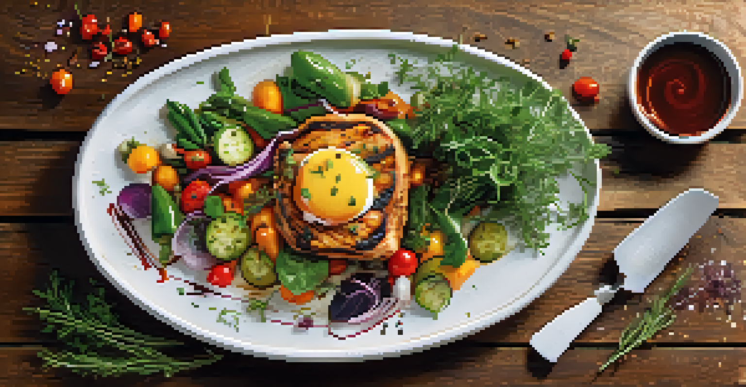 An overhead view of a gourmet dish artfully plated with colorful vegetables and a seared protein on a rustic table.