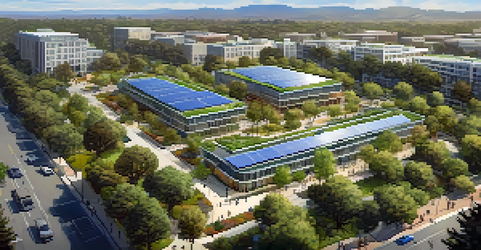 An aerial view of Cupertino showcasing sustainable buildings with green roofs and solar panels surrounded by parks and tree-lined streets.