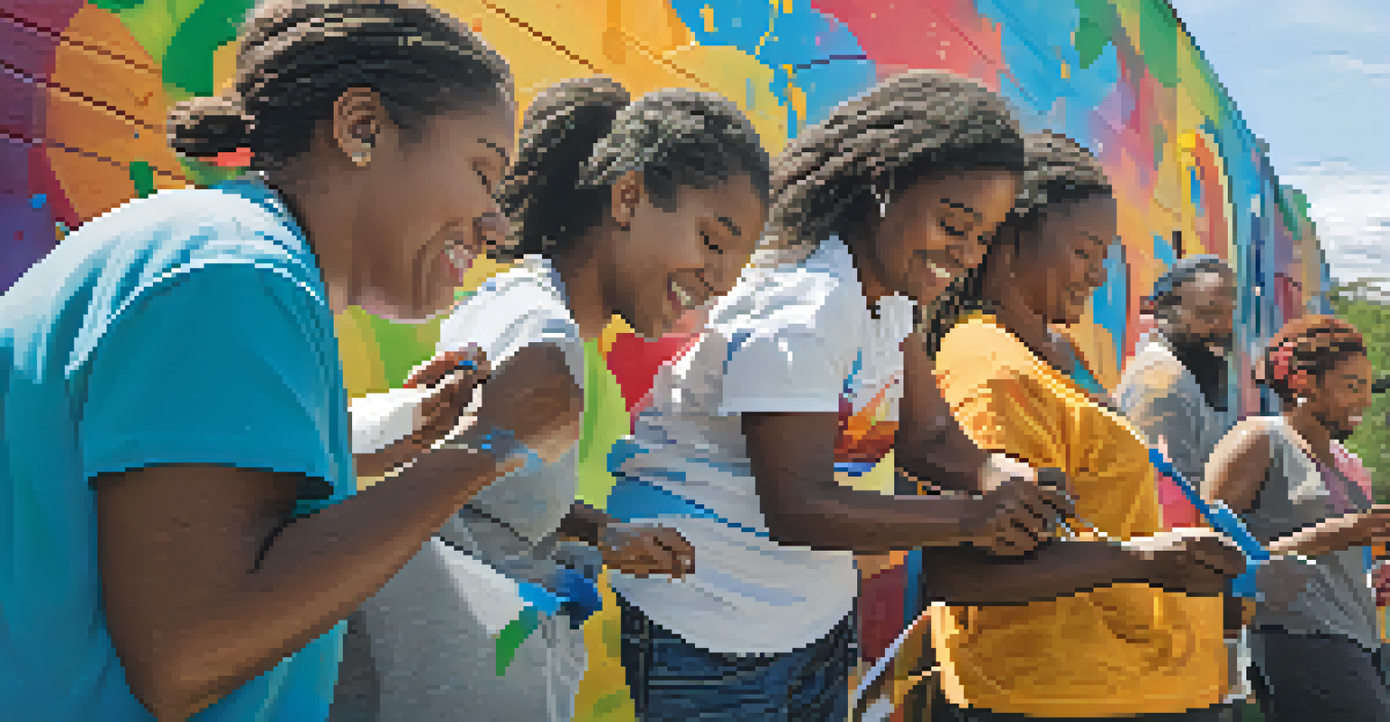 Community members joyfully painting a large mural together, showcasing collaboration and artistic expression.
