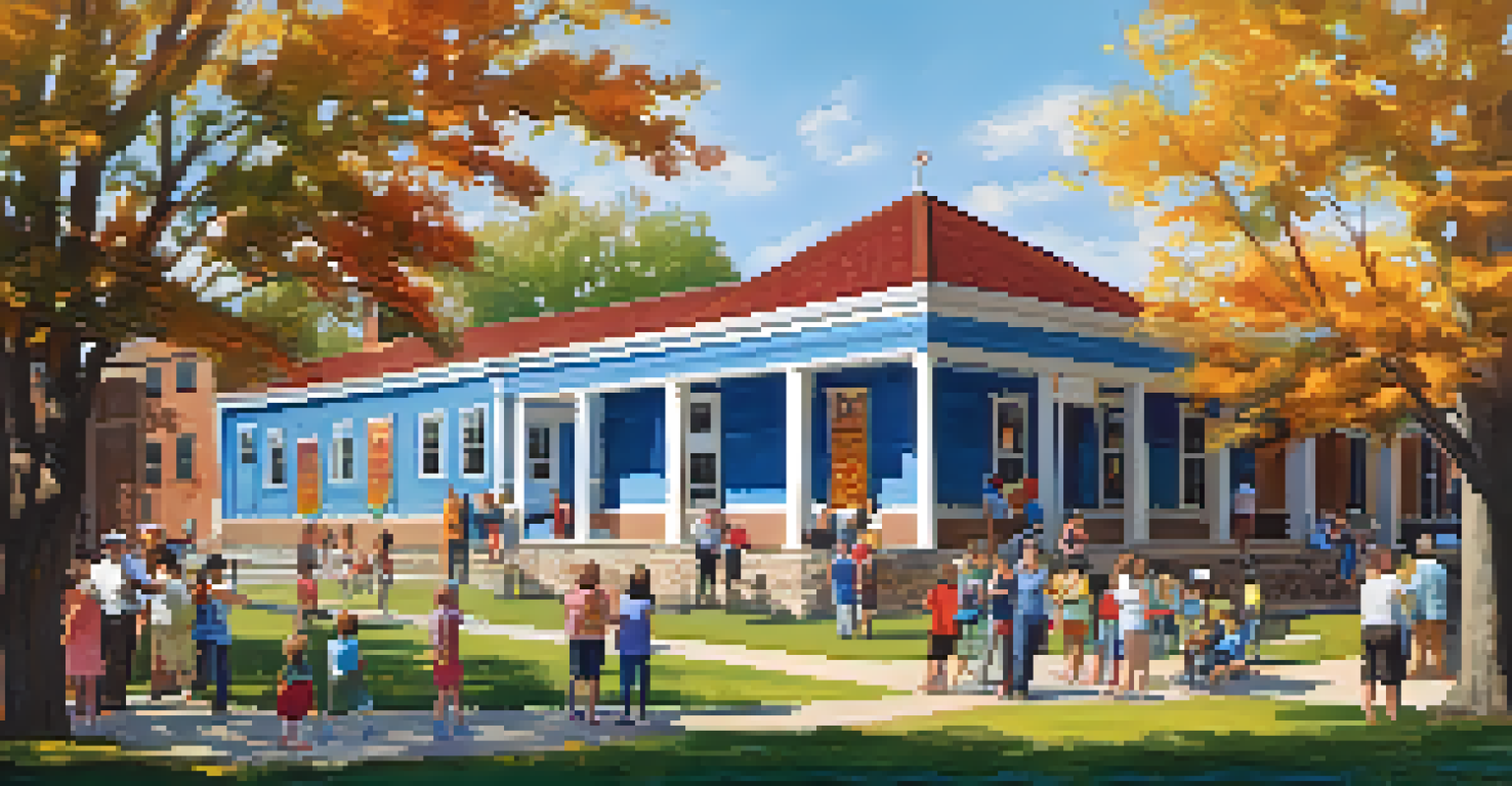 Families enjoying a sunny day at a historic community center, with children engaged in activities and parents socializing.