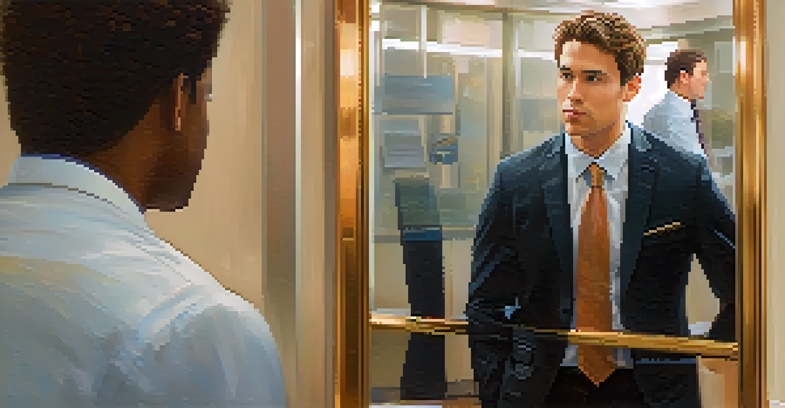 A person practicing their elevator pitch in front of a mirror, looking confident with a smile, in a softly lit room with motivational quotes on the wall.