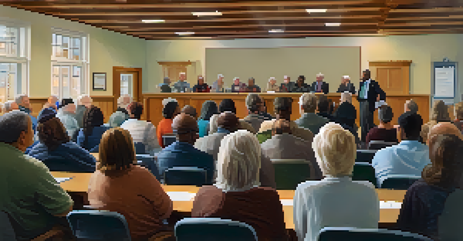 A town hall meeting in a community center with health officials speaking to diverse attendees, a projector displaying health information, and a warm, inviting atmosphere.