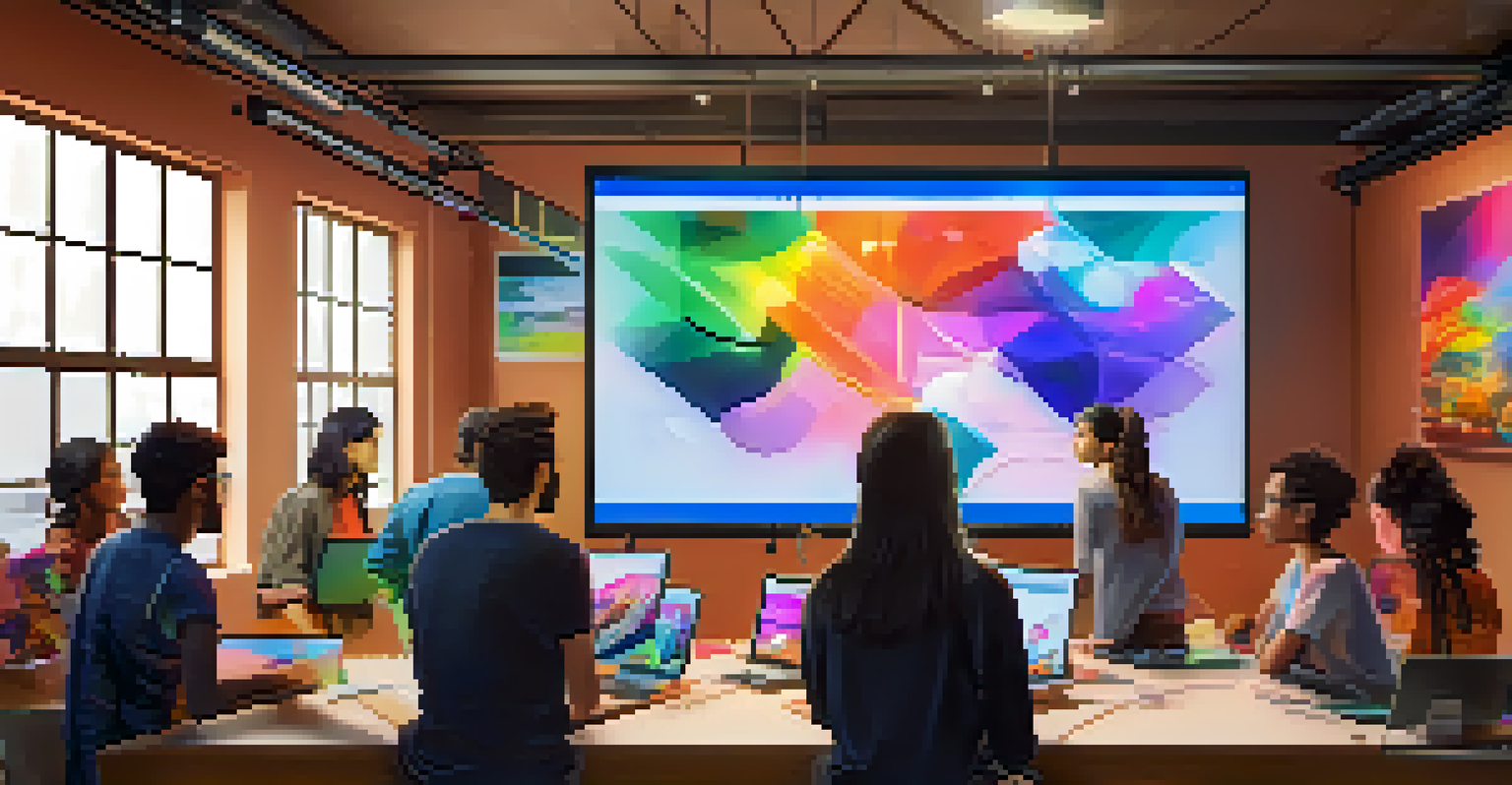 An instructor leading a graphic design workshop, with participants experimenting on their laptops and colorful designs displayed around the room.
