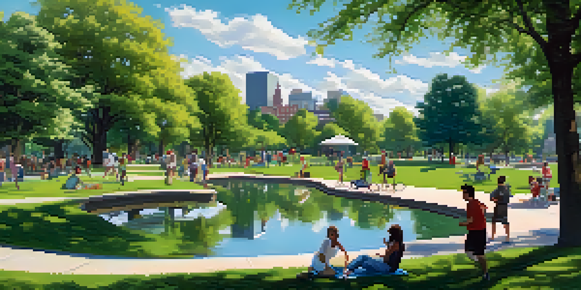 A lively urban park filled with greenery, flowers, and people enjoying outdoor activities under a sunny sky.