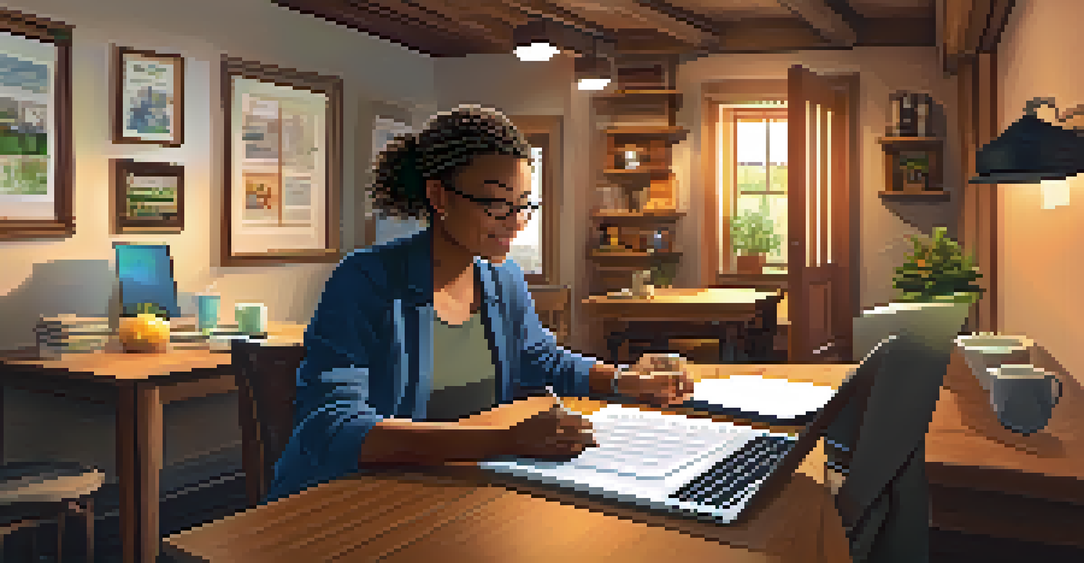 A resident at home using a laptop to provide feedback on local initiatives, with a cozy setting and warm lighting.