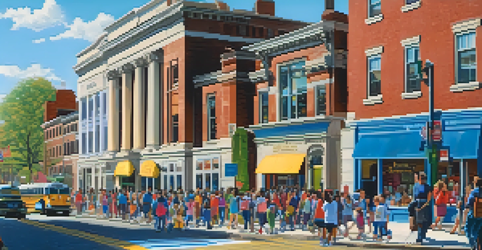 A busy city street with families looking at different schools, including public, charter, and private schools, with colorful banners and signs.