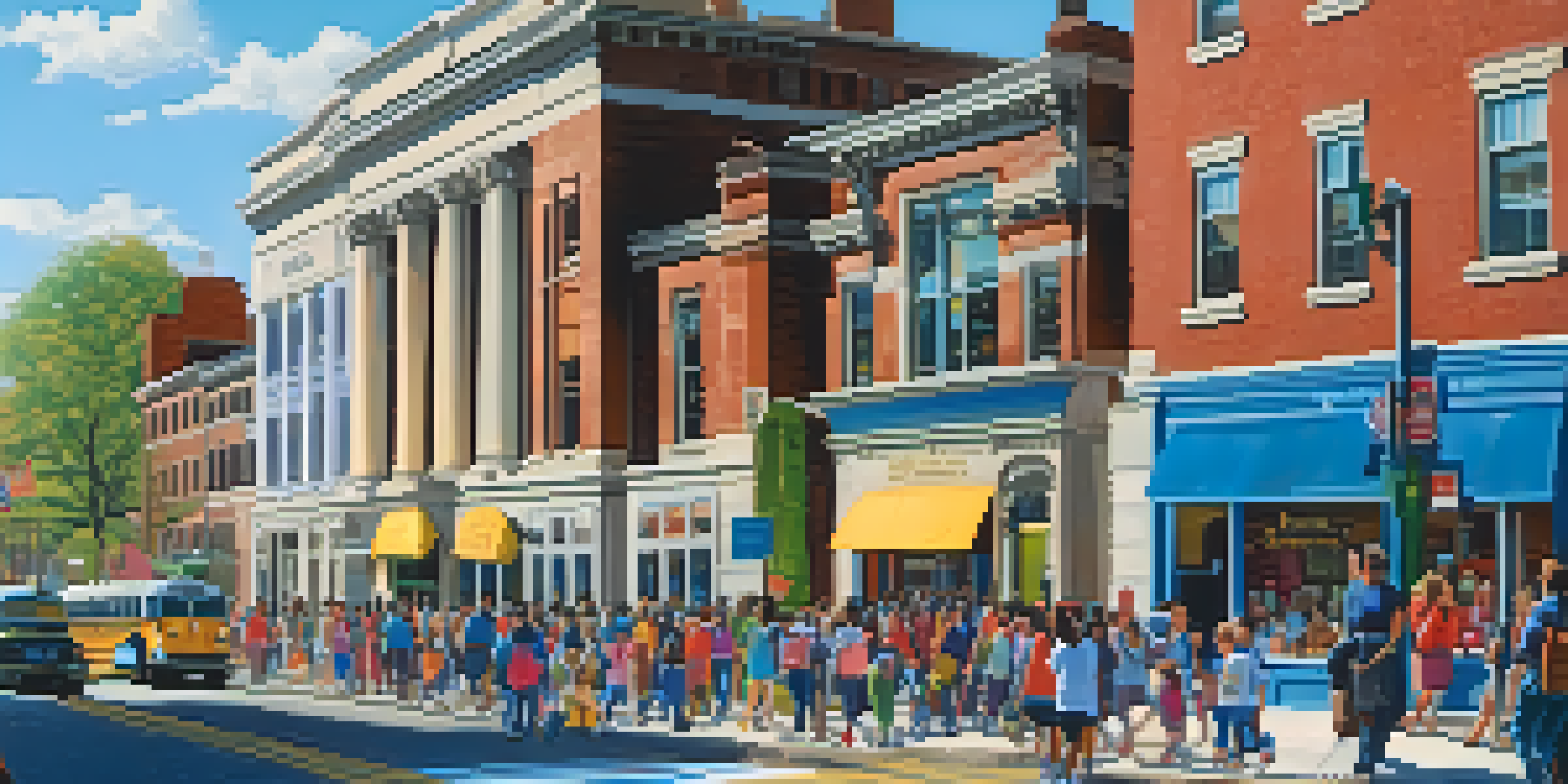 A busy city street with families looking at different schools, including public, charter, and private schools, with colorful banners and signs.
