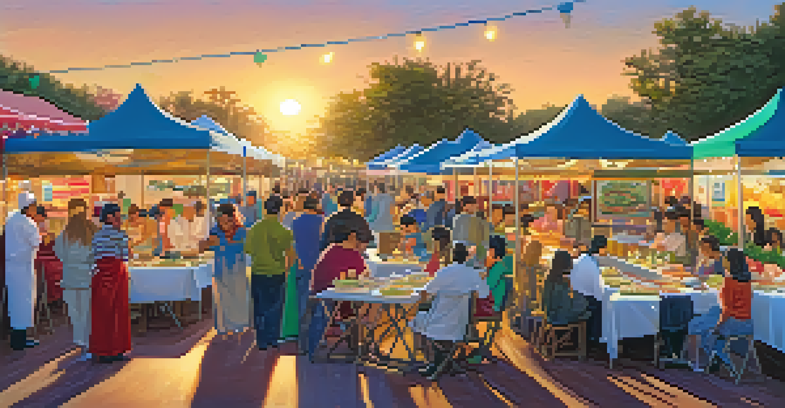 A food festival in Cupertino with colorful dishes from various cuisines. Chefs prepare meals at stalls, and attendees sample food under festive lights during sunset.