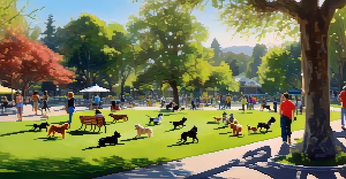 A sunny park in Cupertino with dogs playing and pet owners socializing.