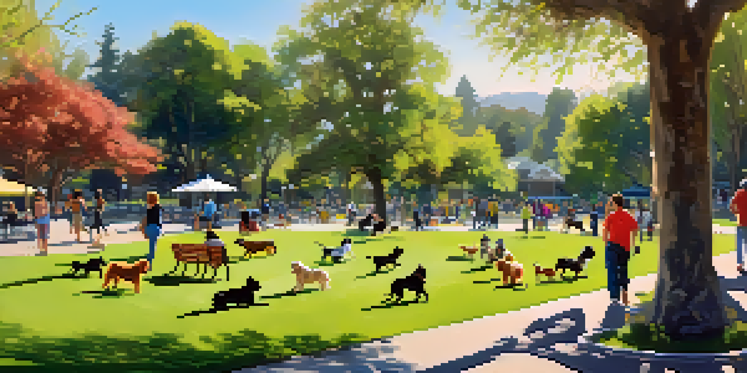A sunny park in Cupertino with dogs playing and pet owners socializing.