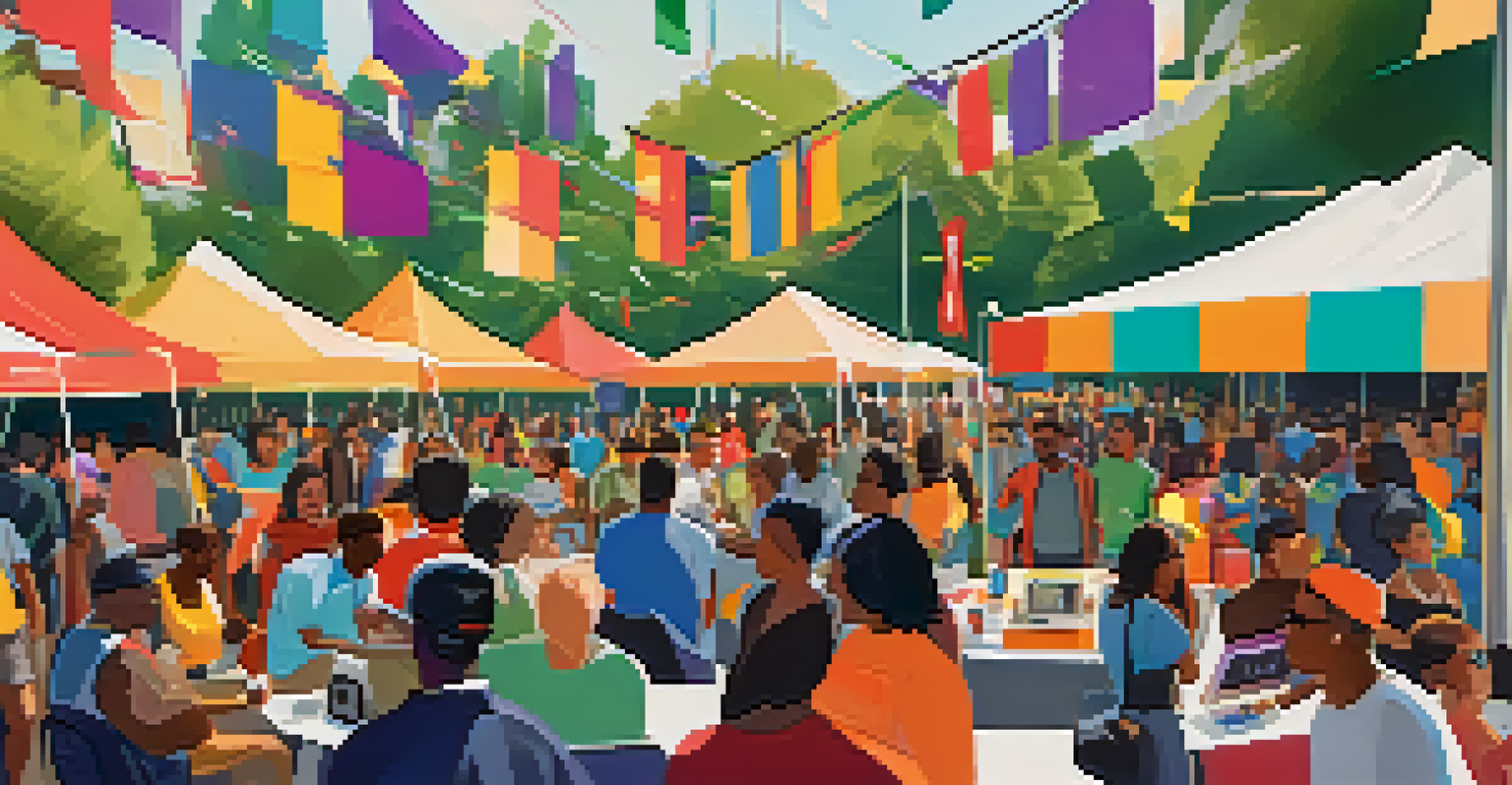An outdoor tech event featuring diverse booths, attendees interacting, and speakers on stage, showcasing inclusivity and collaboration.