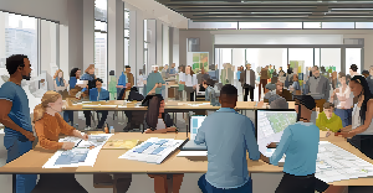 A community workshop with diverse participants discussing urban planning, surrounded by blueprints and devices, promoting collaboration for accessibility.