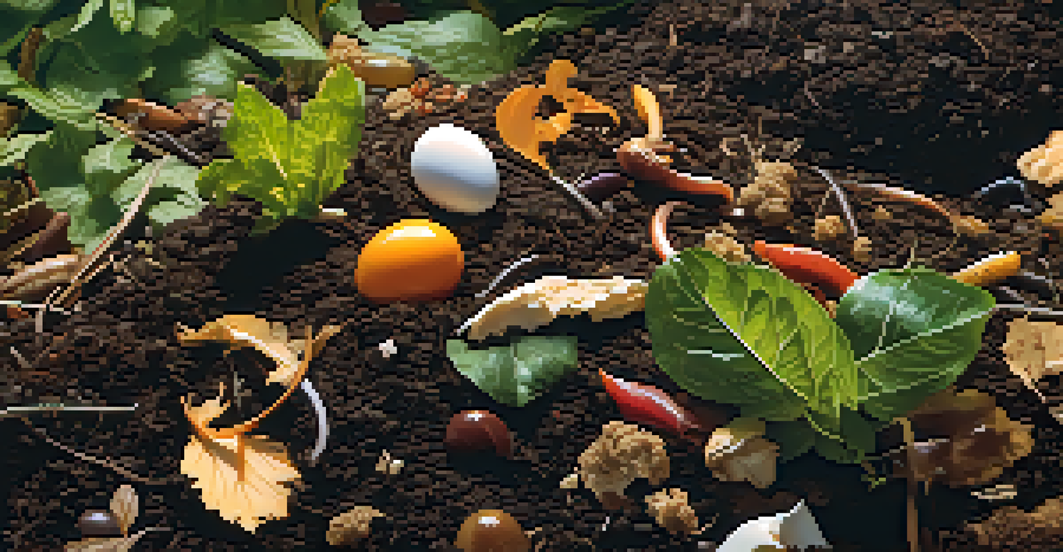 A close-up view of a rich compost pile filled with kitchen scraps and yard waste, illuminated by soft golden light.