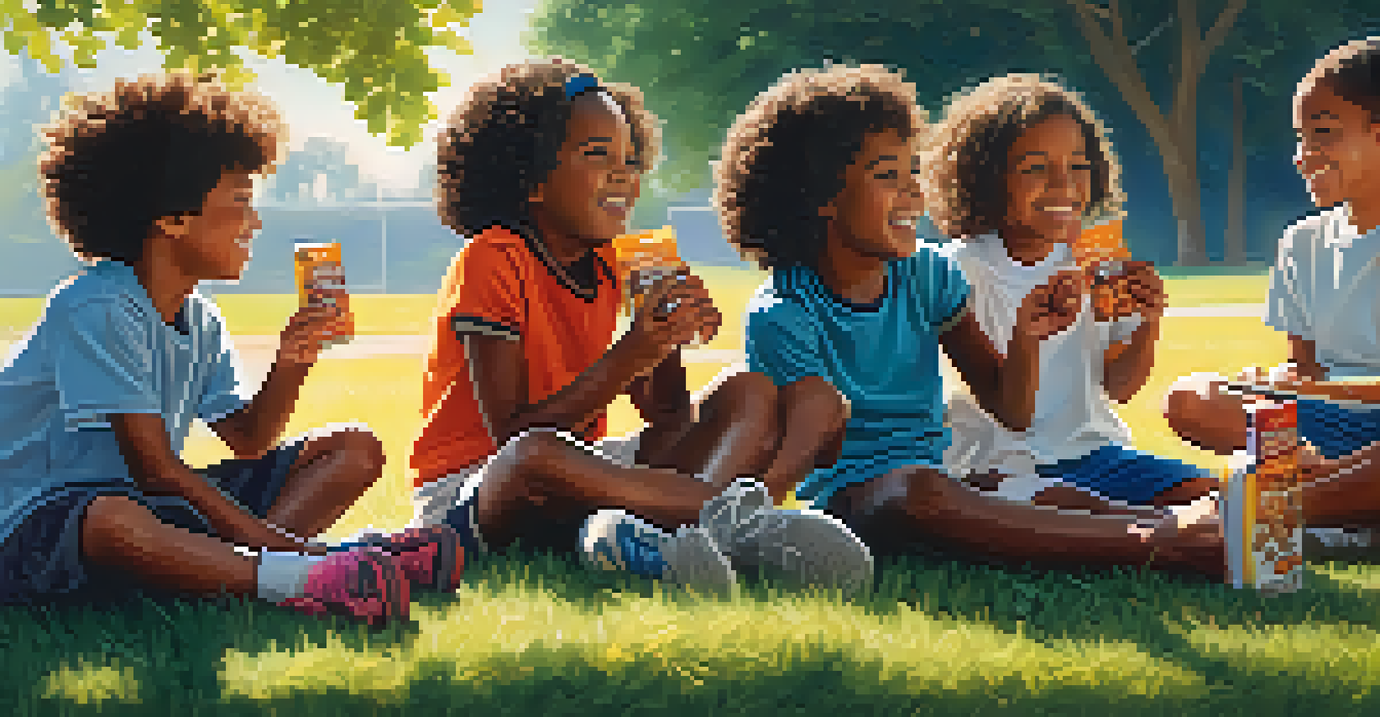 Children of different ethnicities sitting on a grassy field, sharing healthy snacks and laughing together after sports practice.