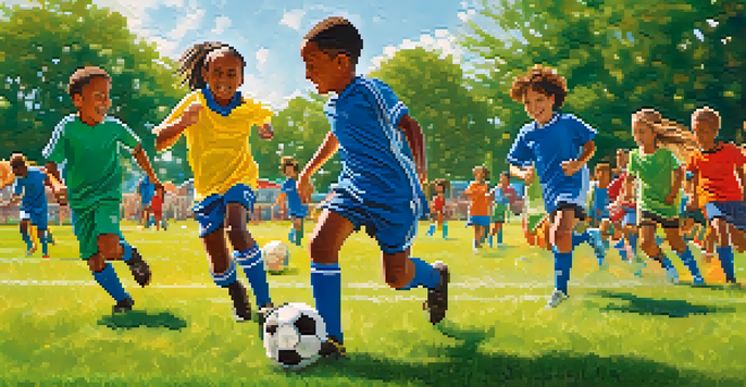 A lively soccer game featuring children of different backgrounds playing on a sunny day, with colorful jerseys and a bright blue sky.