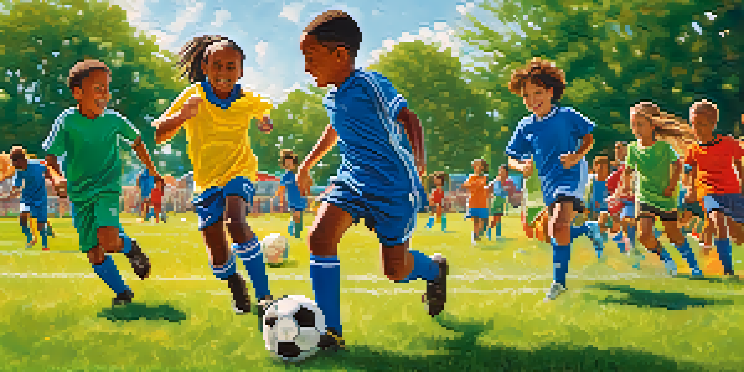 A lively soccer game featuring children of different backgrounds playing on a sunny day, with colorful jerseys and a bright blue sky.