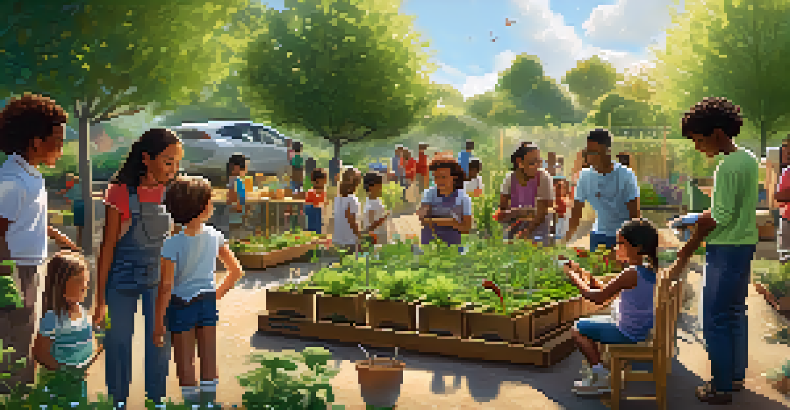 A diverse group participating in a gardening workshop, learning how to plant seeds in a community garden filled with greenery.