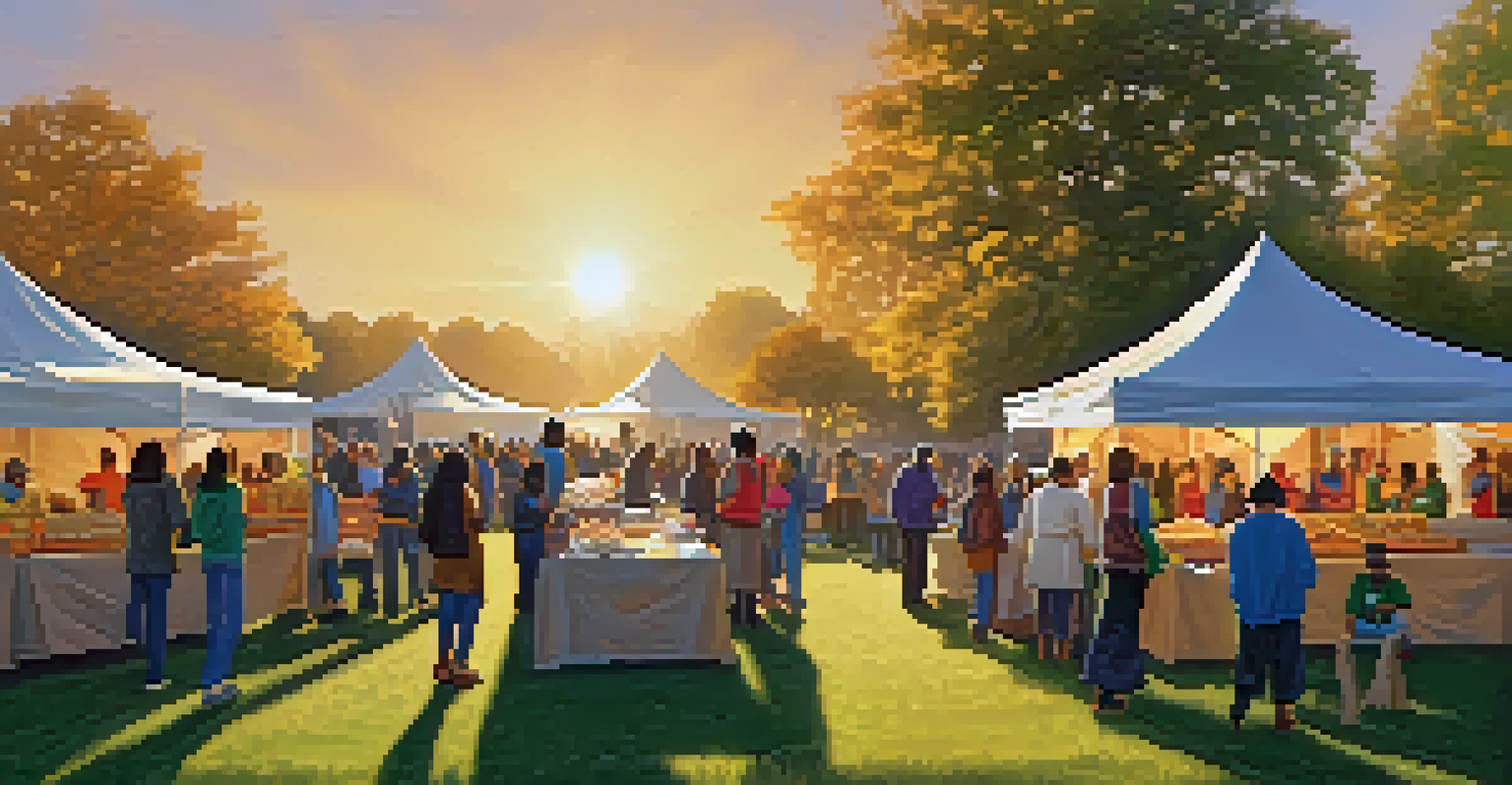 Volunteers from various faiths working together at a food drive in a park, surrounded by colorful tents and a sunset in the background.