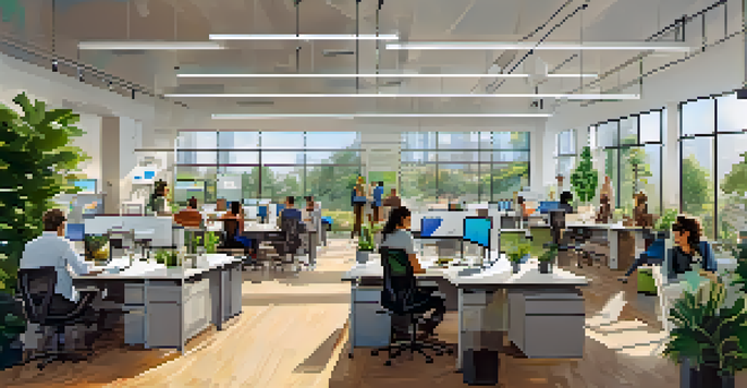 A lively incubator space in Cupertino with entrepreneurs working together, modern tech, and plants.