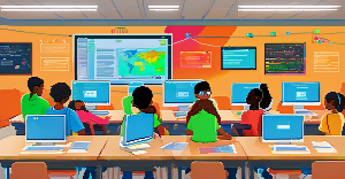 A lively classroom with diverse students collaborating on coding at laptops, guided by a teacher.
