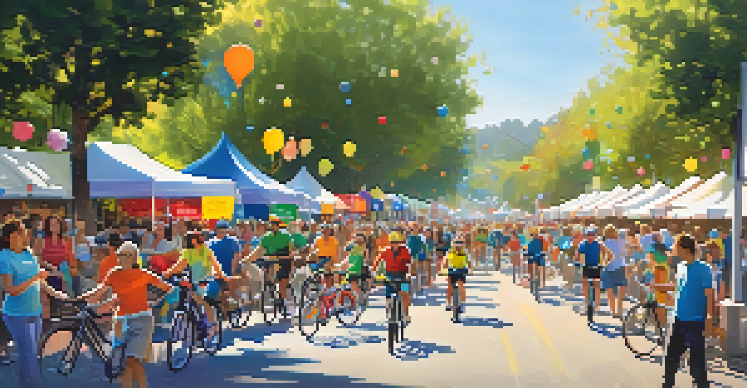 A community gathering in Cupertino for a bike-to-work day, featuring families and friends cycling together in a park under clear blue skies with colorful decorations.