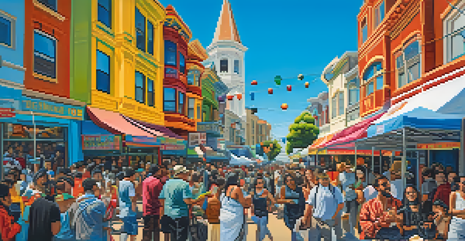 A lively cultural festival in the Mission District with colorful murals, local artists, and attendees enjoying traditional food under a clear sky.