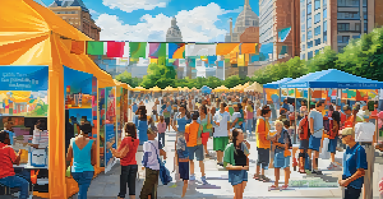 An outdoor mental health awareness event with colorful banners and diverse individuals participating in activities in an urban setting.