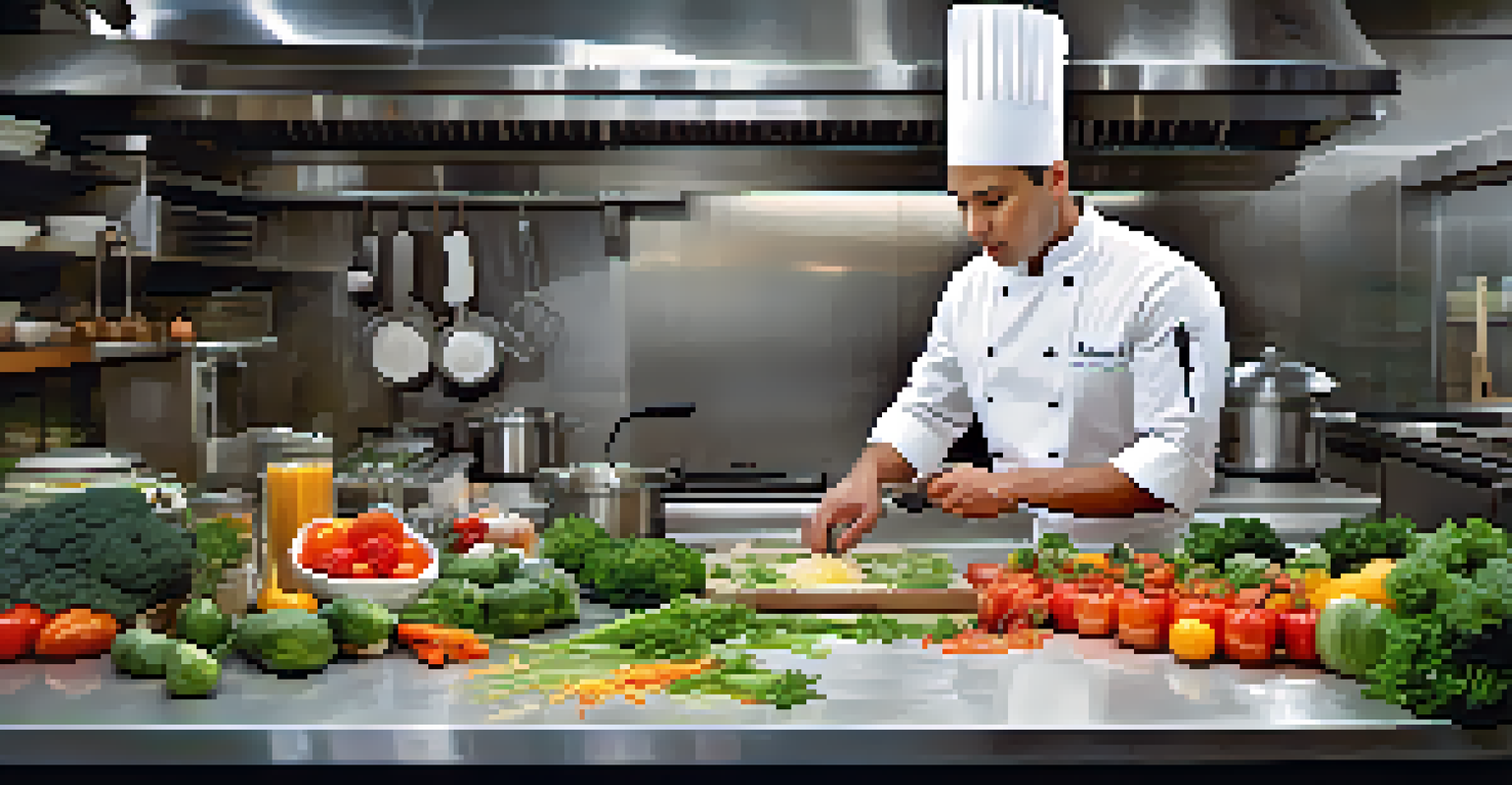 A chef preparing a dish with local ingredients in a modern kitchen, showcasing culinary skills and fresh produce.