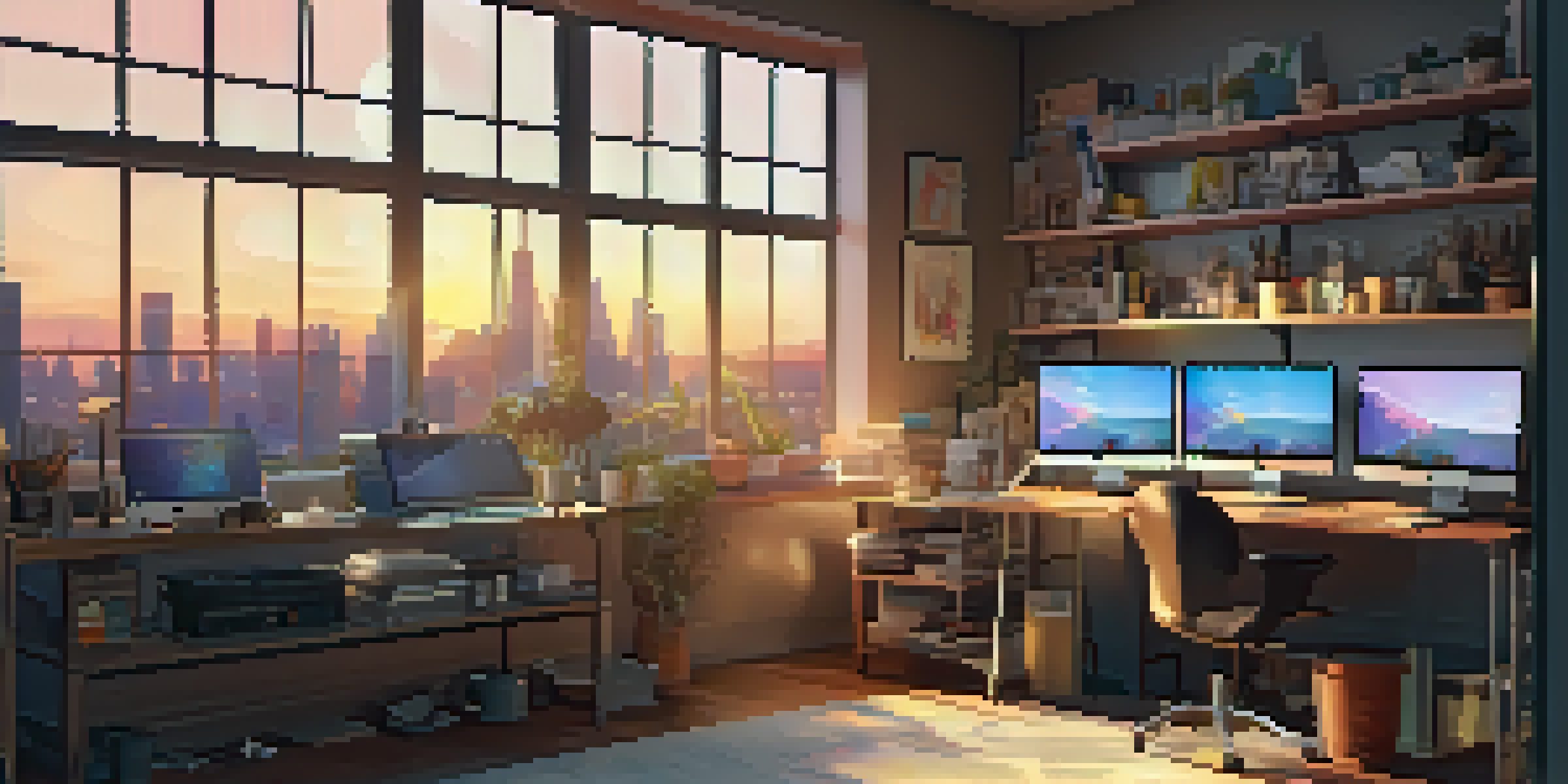 A warm and inviting digital art studio with tools and a sunset city skyline outside.