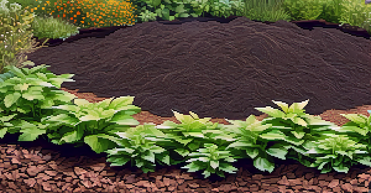 A close-up of a mulched garden bed with wood chips and healthy plants, showing moist soil and sparse weeds.