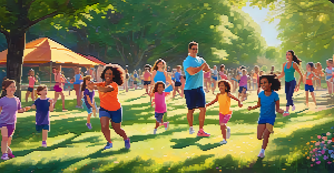 A family-friendly outdoor fitness class where parents and children are joyfully dancing together in a sunny park, surrounded by greenery and flowers.