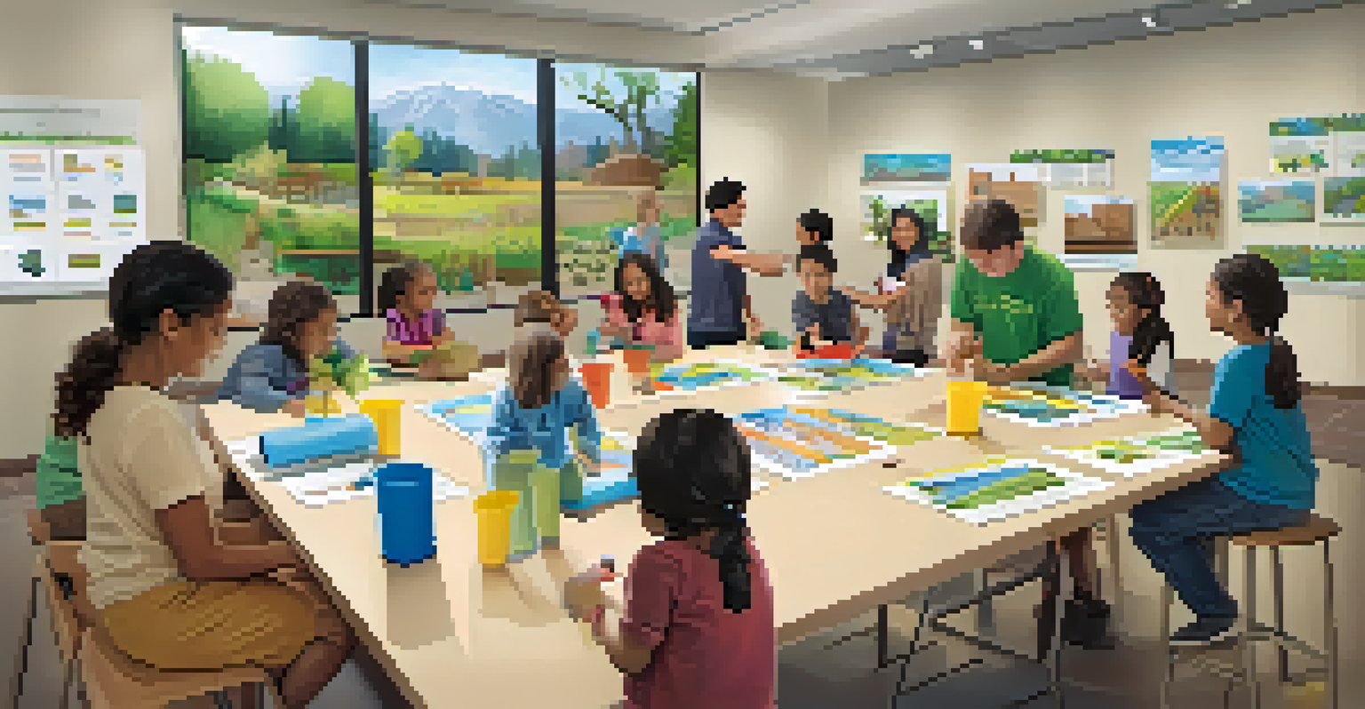 Families participating in a workshop on rainwater harvesting, creating DIY rain barrels in a community center.