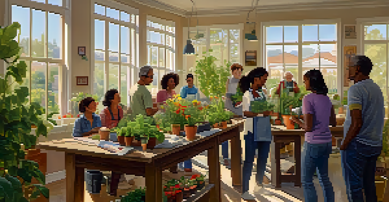 A group of residents participating in a workshop about sustainable gardening practices, surrounded by plants and tools.