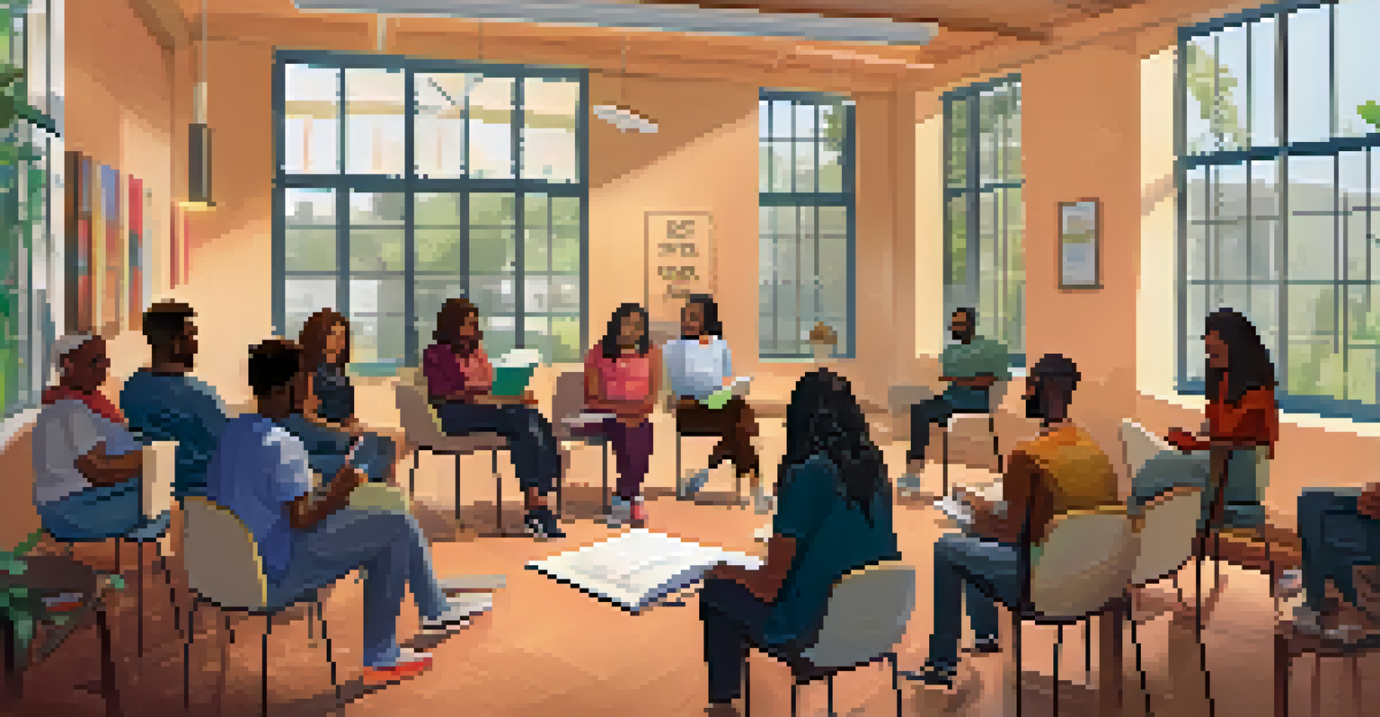 Group therapy session at a community center with participants engaged in discussion, surrounded by notebooks and art supplies in a warm, inviting room.