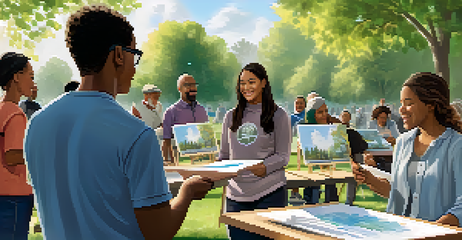 Residents participating in a community workshop on air quality outdoors, surrounded by educational materials and a lush park setting.
