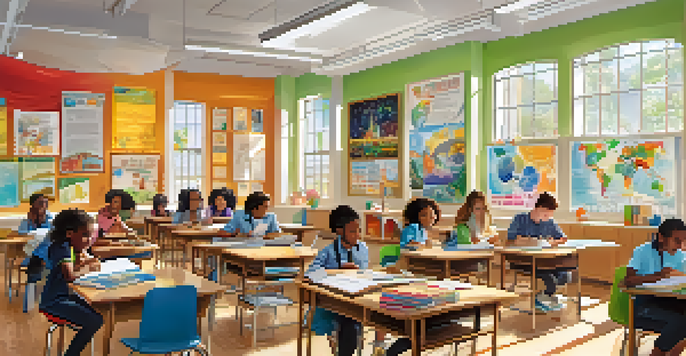 A colorful classroom with diverse students participating in a group project, under bright natural light.
