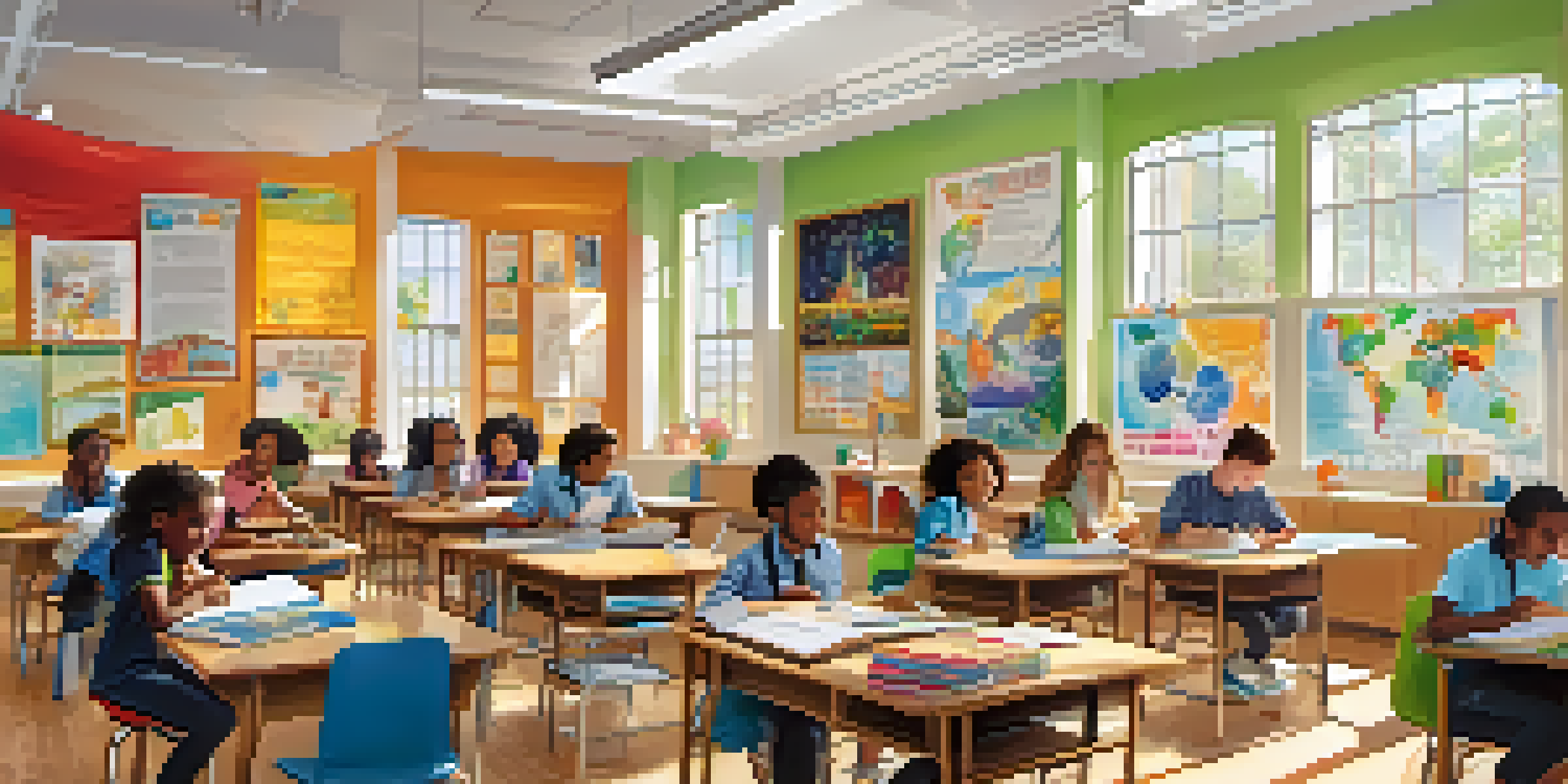 A colorful classroom with diverse students participating in a group project, under bright natural light.