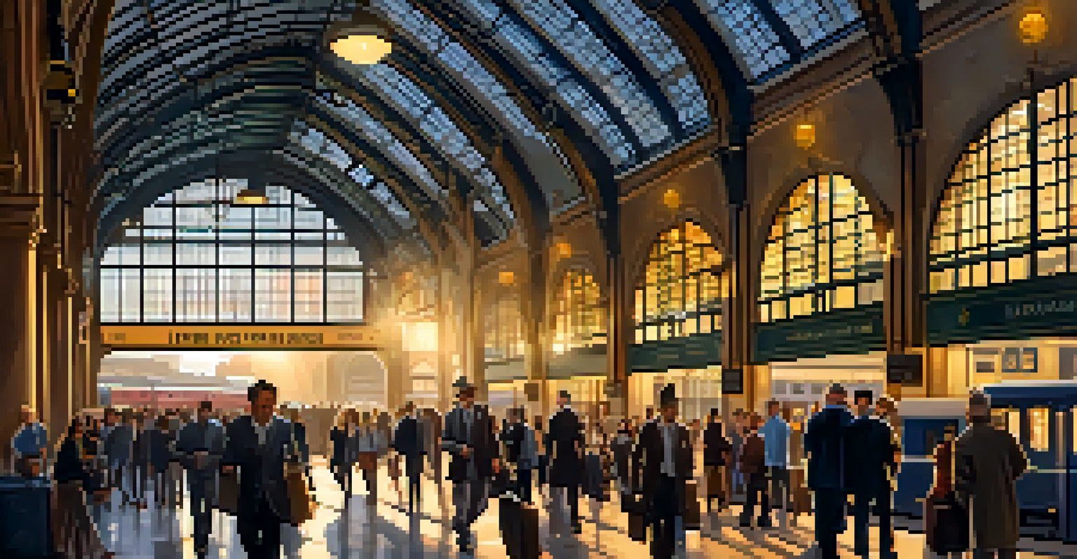 A busy Historic Railway Station with commuters and vintage architecture under warm evening light.