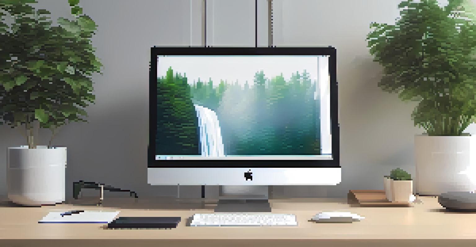 A close-up of an Apple device on a minimalist desk surrounded by plants, highlighting its sleek design and energy efficiency.