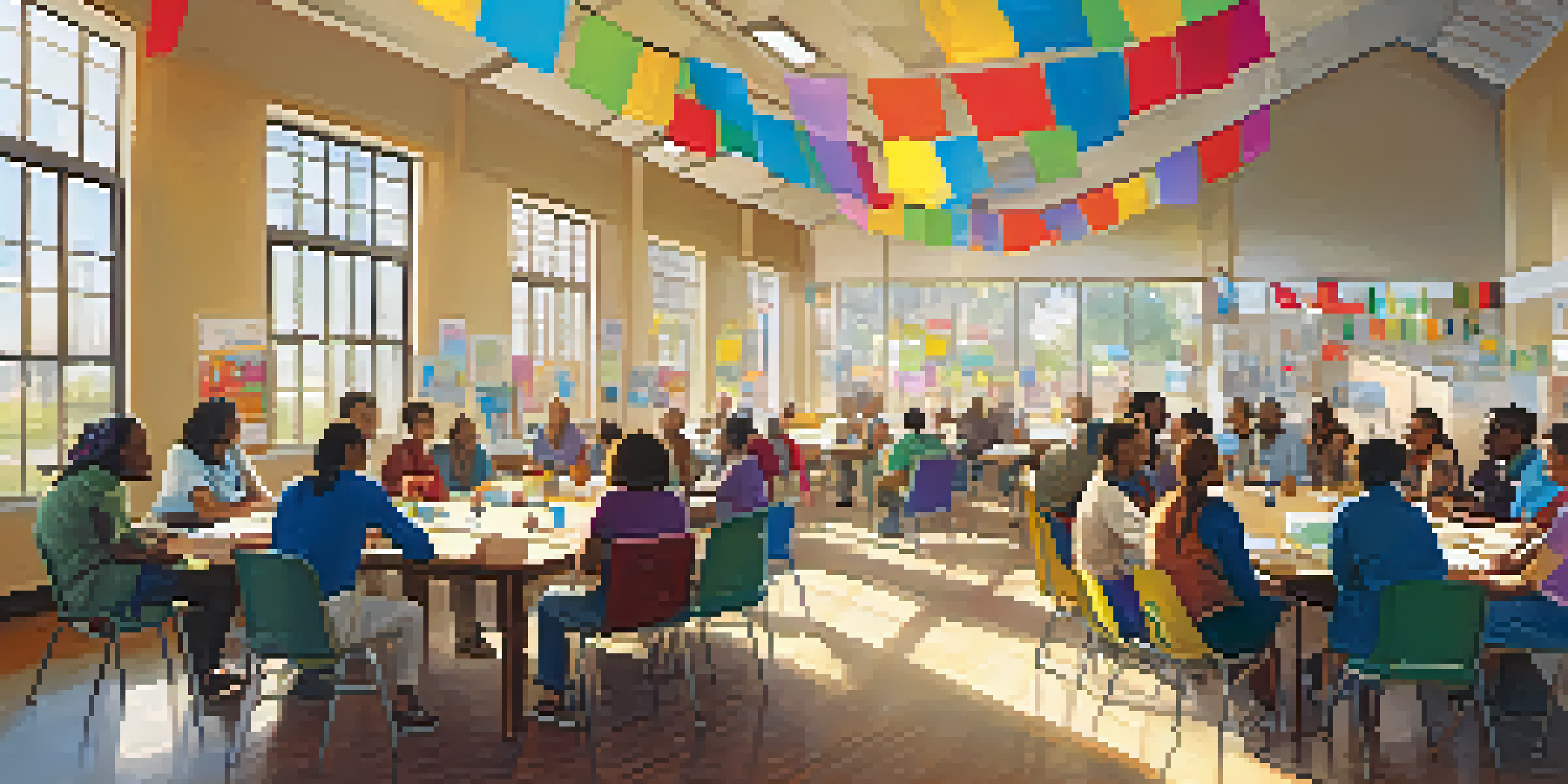 A diverse group of people engaged in a civic leadership workshop at a community center, discussing ideas around a round table.