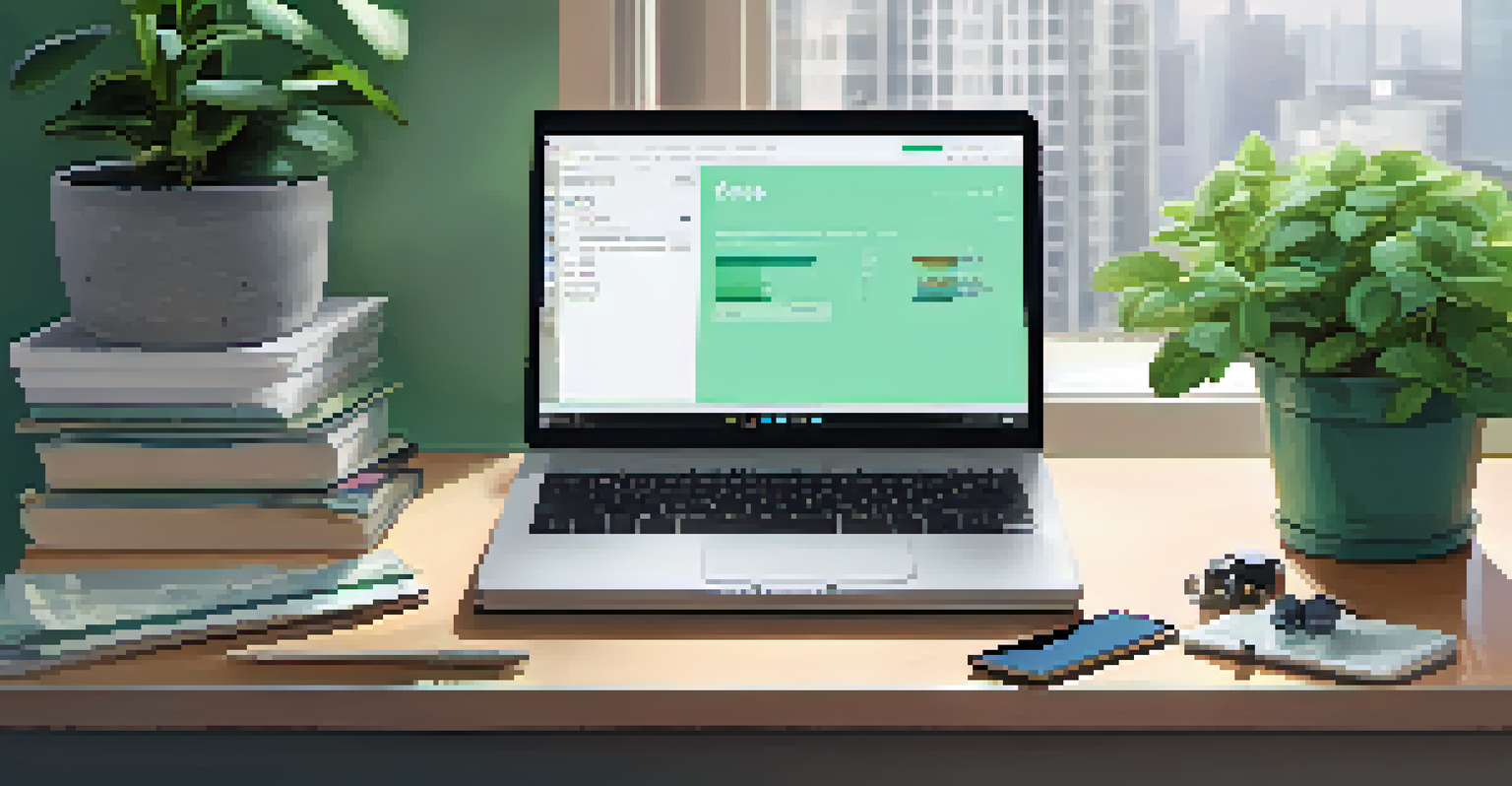 A modern digital workspace with a laptop showing financial management apps, a notepad, a smartphone, and a small plant.