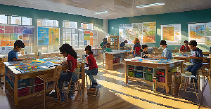 A lively classroom filled with diverse students collaborating on a robotics project, with bright sunlight and educational posters around.